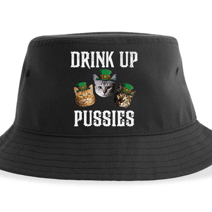 Drink Up Pussies Funny Cat Drinking St Patricks Day Sustainable Bucket Hat