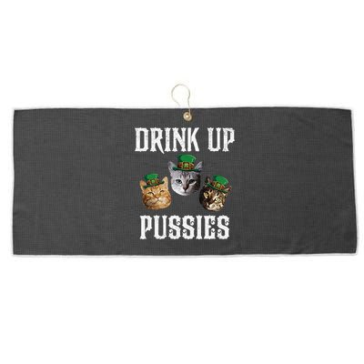 Drink Up Pussies Funny Cat Drinking St Patricks Day Large Microfiber Waffle Golf Towel
