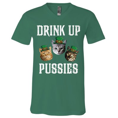 Drink Up Pussies Funny Cat Drinking St Patricks Day V-Neck T-Shirt