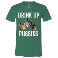 Drink Up Pussies Funny Cat Drinking St Patricks Day V-Neck T-Shirt