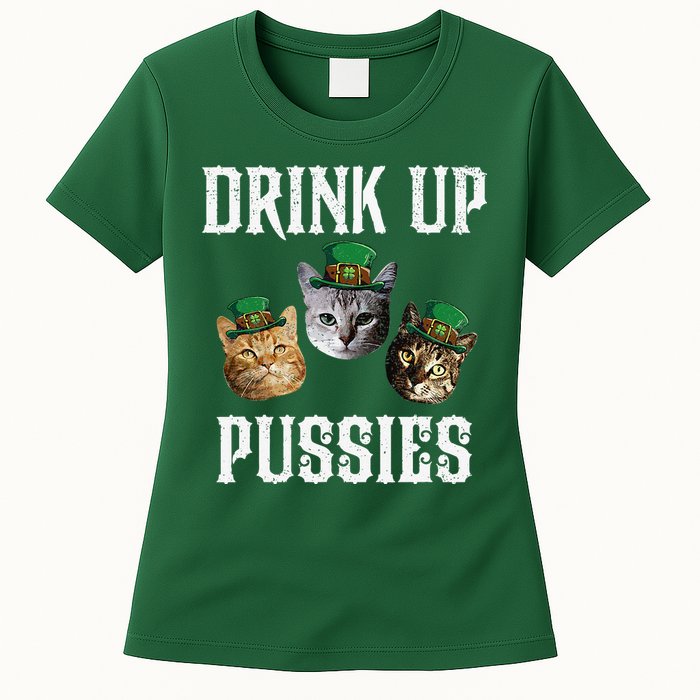 Drink Up Pussies Funny Cat Drinking St Patricks Day Womens T-Shirt