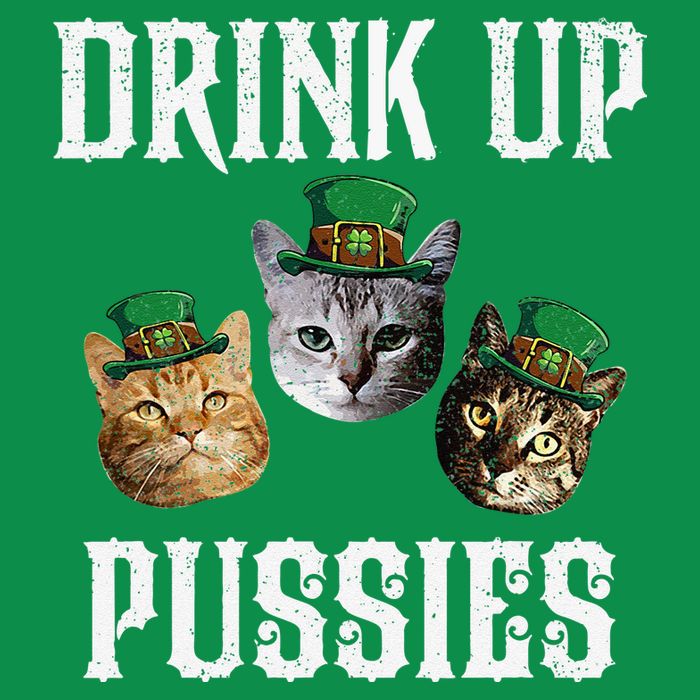 Drink Up Pussies Funny Cat Drinking St Patricks Day Womens T-Shirt