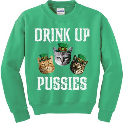 Drink Up Pussies Funny Cat Drinking St Patricks Day Kids Sweatshirt