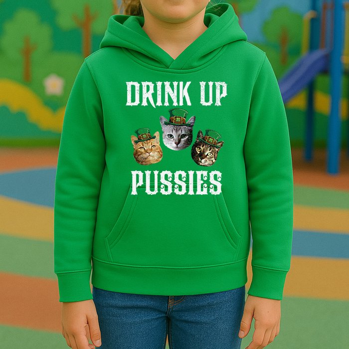 Drink Up Pussies Funny Cat Drinking St Patricks Day Kids Hoodie