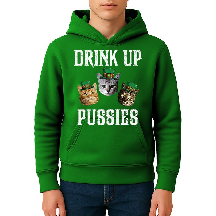 Drink Up Pussies Funny Cat Drinking St Patricks Day Kids Hoodie