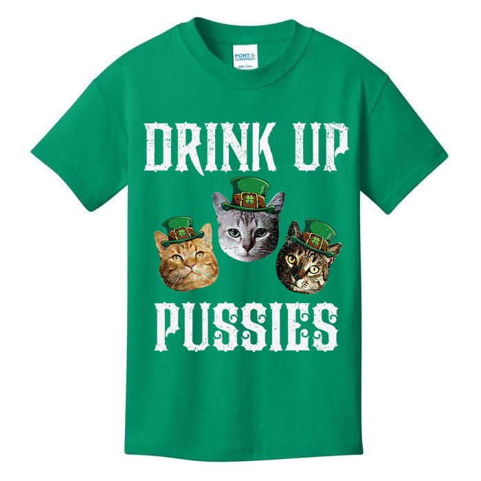 Drink Up Pussies Funny Cat Drinking St Patricks Day Kids T-Shirt