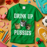 Drink Up Pussies Funny Cat Drinking St Patricks Day Kids T-Shirt