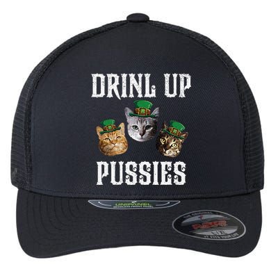 Drink Up Pussies Funny Cat Drinking Saint Patrick's Day Flexfit Unipanel Trucker Cap