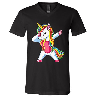 Dabbing Unicorn Party Birthday Gift for Mommy Daddy V-Neck T-Shirt