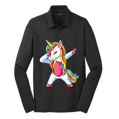 Dabbing Unicorn Party Birthday Gift for Mommy Daddy Silk Touch Performance Long Sleeve Polo