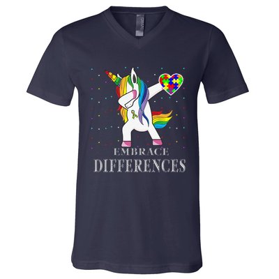 Dabbing Unicorn Puzzle Ribbon Autism Awareness V-Neck T-Shirt