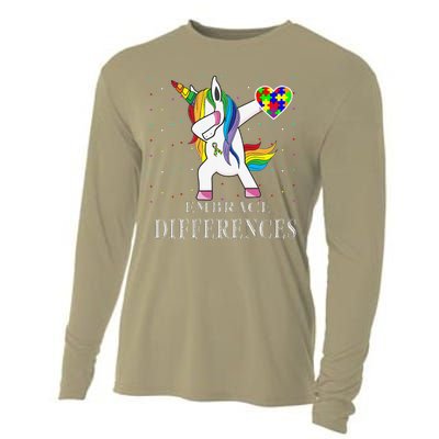 Dabbing Unicorn Puzzle Ribbon Autism Awareness Cooling Performance Long Sleeve Crew