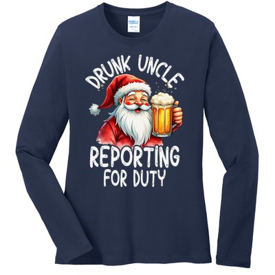 Drunk Uncle Reporting For Duty Xmas Christmas Uncle Ladies Long Sleeve Shirt