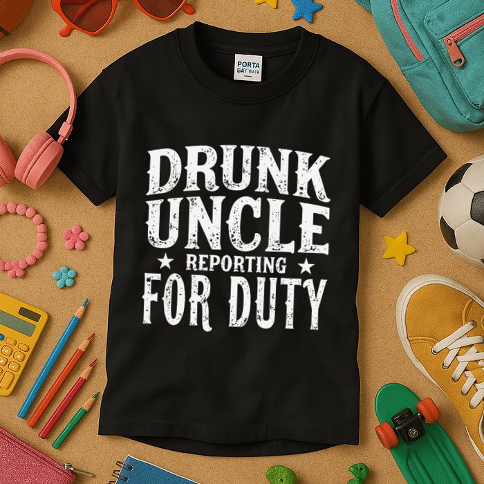 Drunk Uncle Reporting For Duty Drunk Uncle Funny Drinking Kids T-Shirt