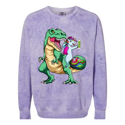 Dabbing Unicorn Riding Dinosaur 100 Days Of School Gift Colorblast Crewneck Sweatshirt