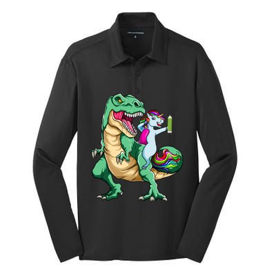 Dabbing Unicorn Riding Dinosaur 100 Days Of School Gift Silk Touch Performance Long Sleeve Polo