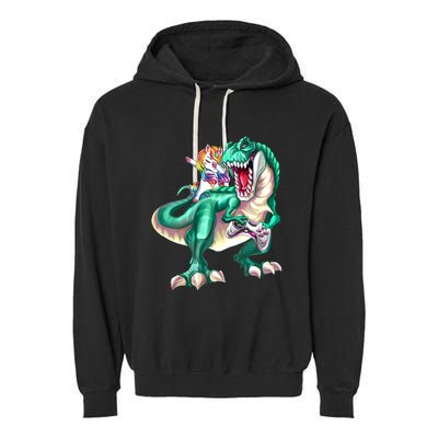 Dabbing Unicorn Riding Dinosaur Gamer Video Game Gift Garment-Dyed Fleece Hoodie