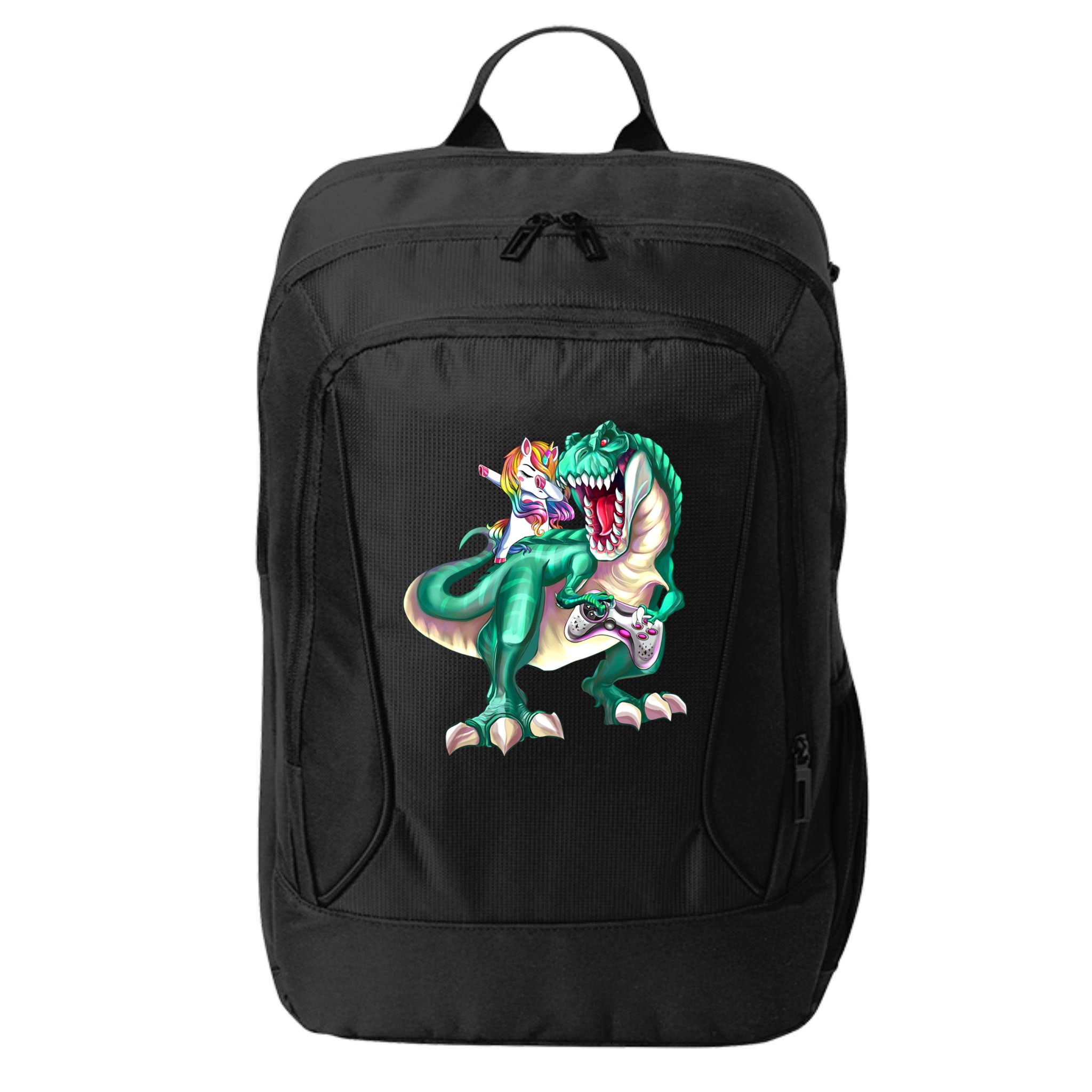 Dabbing Unicorn Riding Dinosaur Gamer Video Game Gift City Backpack