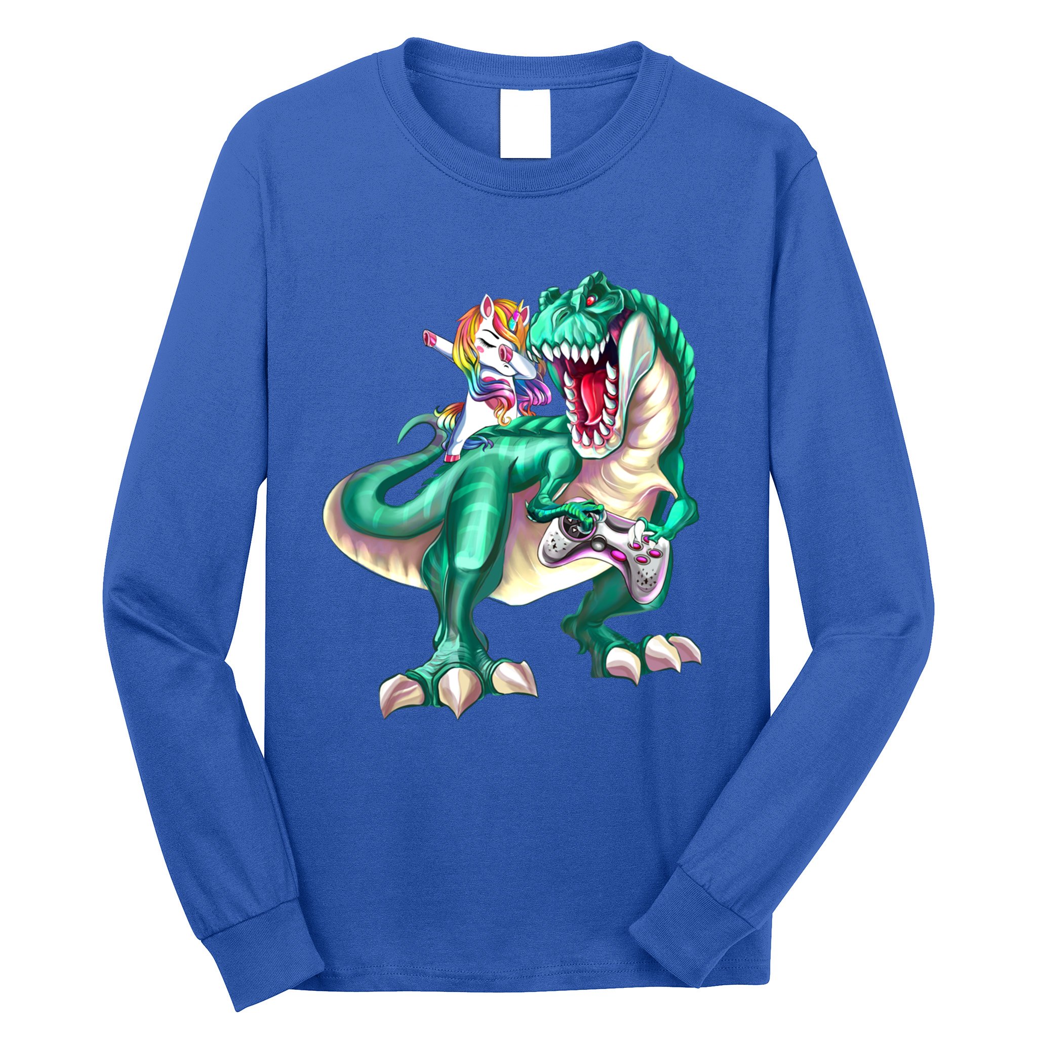 Dabbing Unicorn Riding Dinosaur Gamer Video Game Gift Long Sleeve Shirt