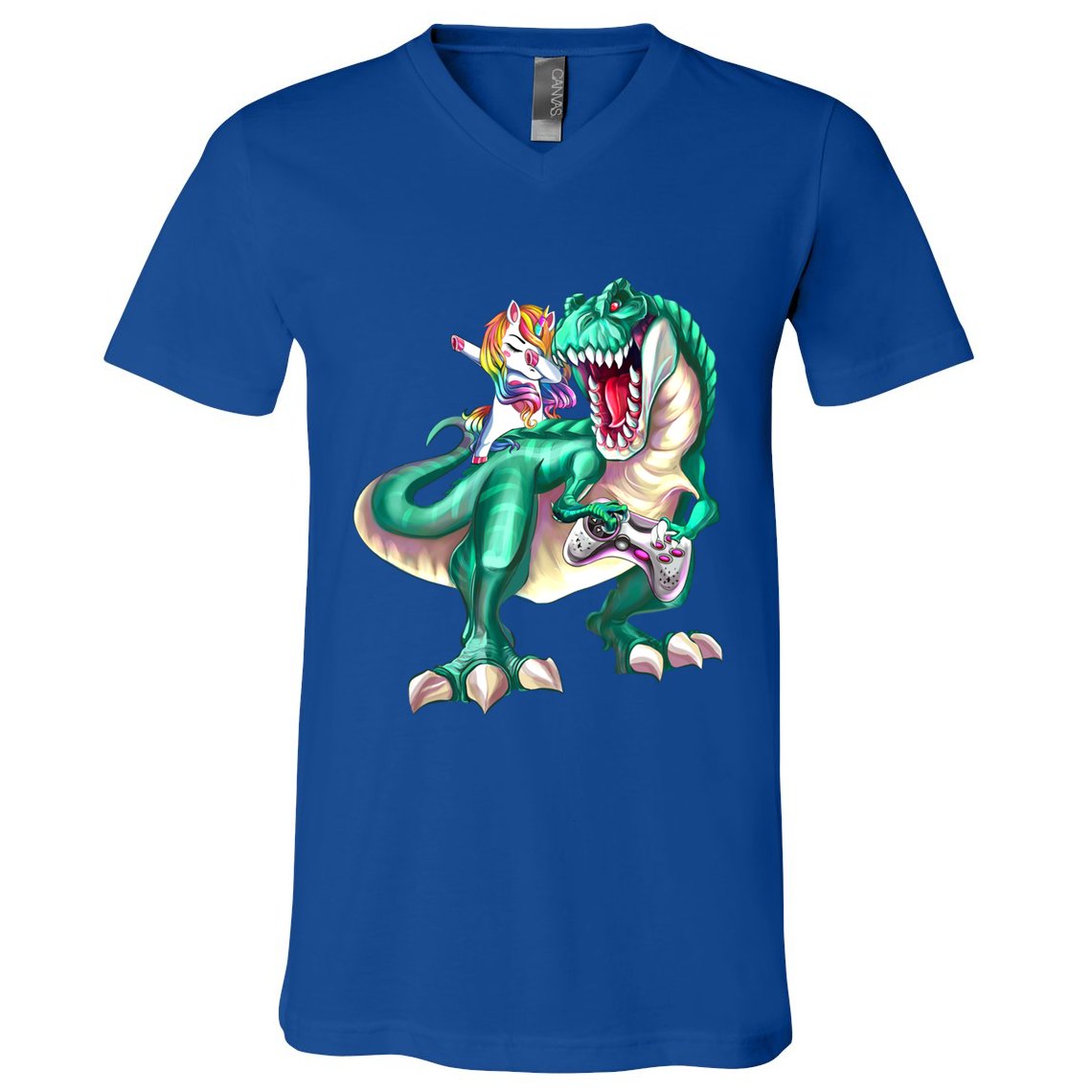 Dabbing Unicorn Riding Dinosaur Gamer Video Game Gift V-Neck T-Shirt