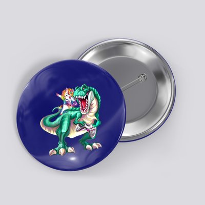Dabbing Unicorn Riding Dinosaur Gamer Video Game Gift Button