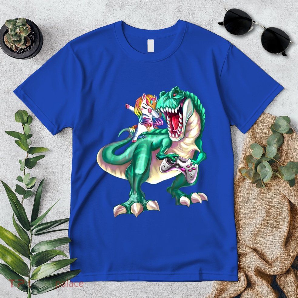 Dabbing Unicorn Riding Dinosaur Gamer Video Game Gift Premium T-Shirt