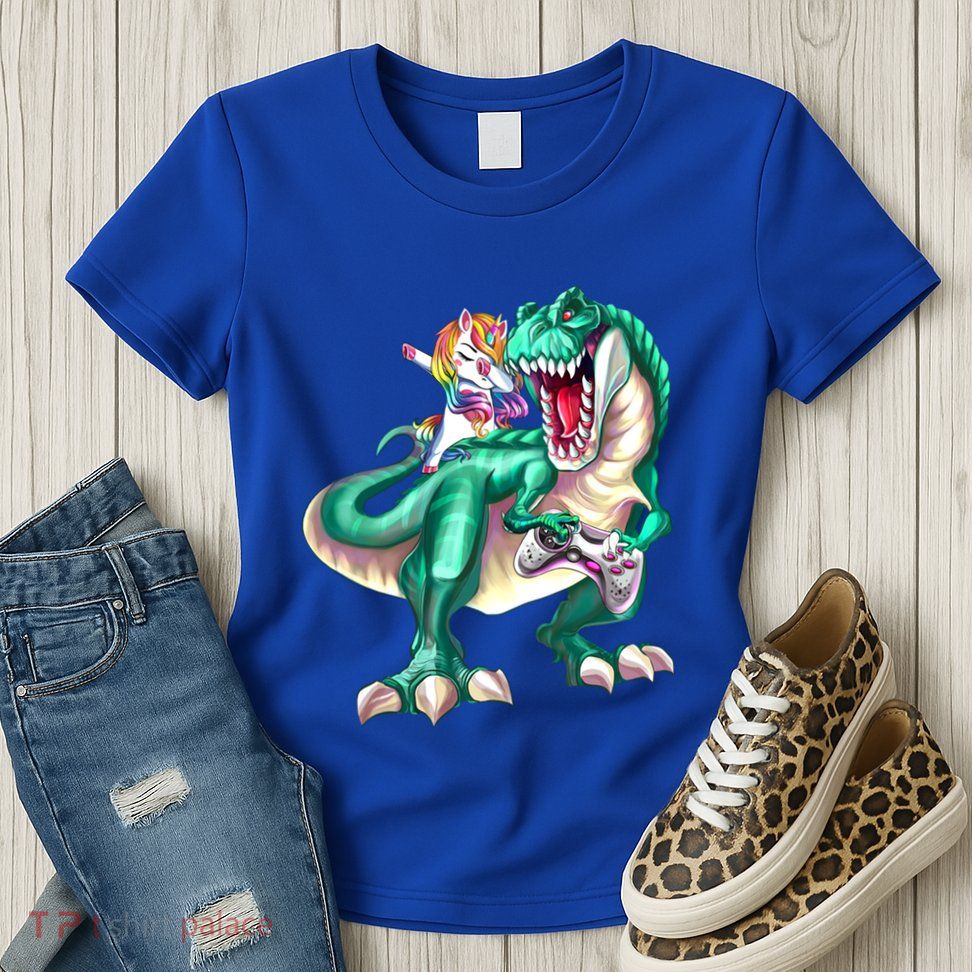Dabbing Unicorn Riding Dinosaur Gamer Video Game Gift Womens T-Shirt