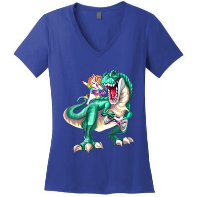 Dabbing Unicorn Riding Dinosaur Gamer Video Game Gift Women's V-Neck T-Shirt