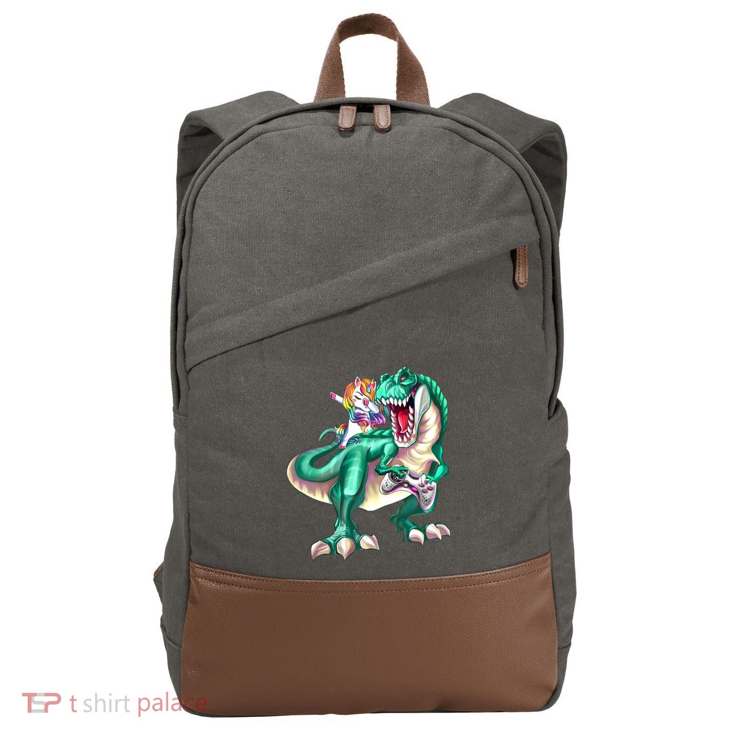 Dabbing Unicorn Riding Dinosaur Gamer Video Game Gift Cotton Canvas Backpack