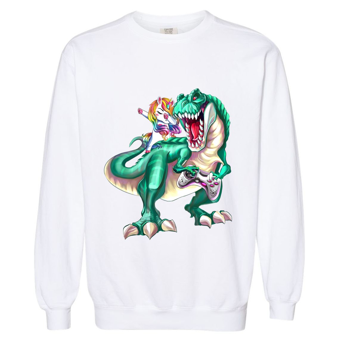 Dabbing Unicorn Riding Dinosaur Gamer Video Game Gift Garment-Dyed Sweatshirt