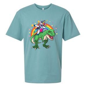 Dabbing Unicorn Riding T Rex Dinosaur Rainbow Gift Sueded Cloud Jersey T-Shirt