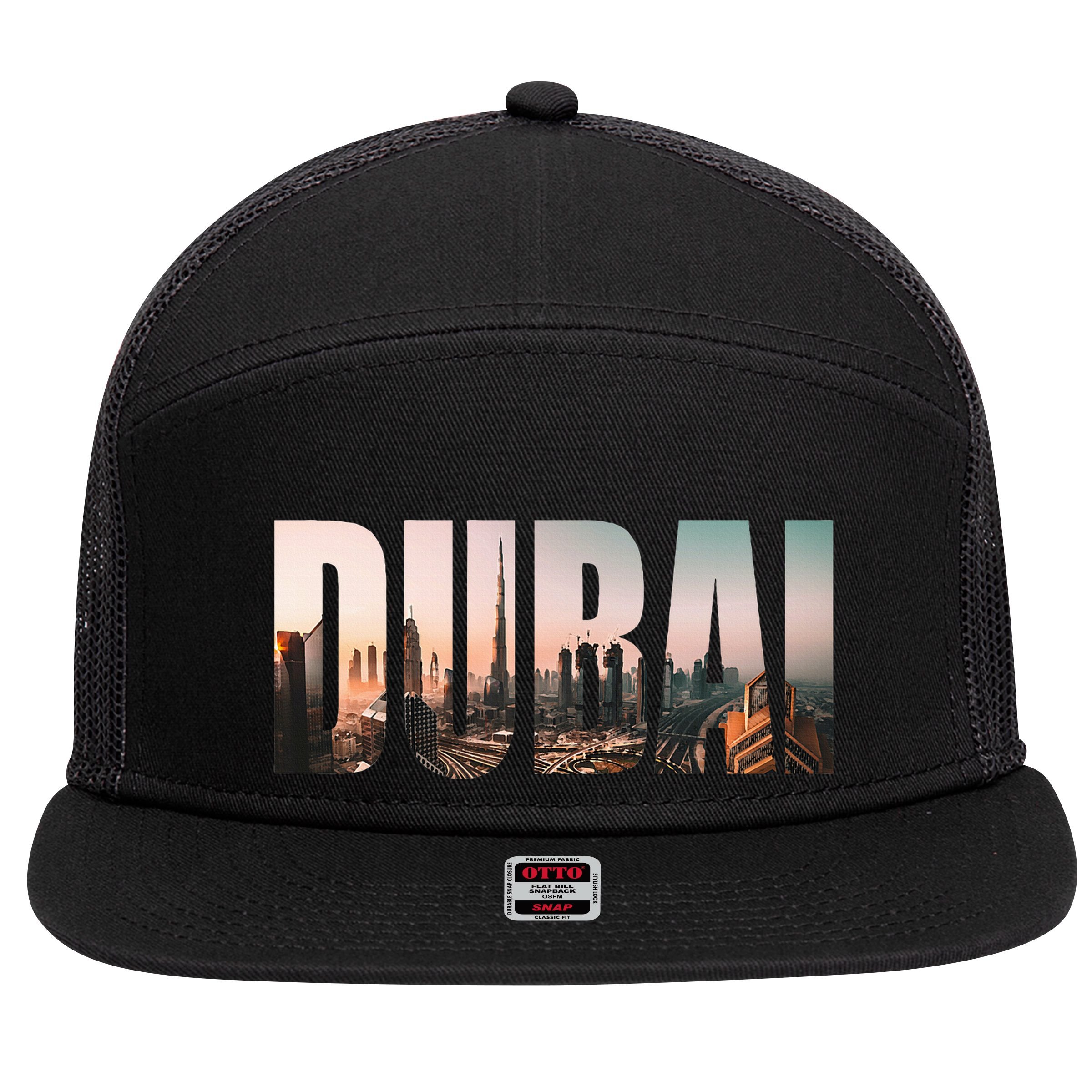 Dubai Uae Skyline Urban Photography Font 7 Panel Mesh Trucker Snapback Hat