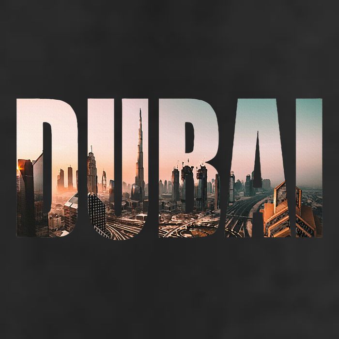 Dubai Uae Skyline Urban Photography Font 7 Panel Mesh Trucker Snapback Hat