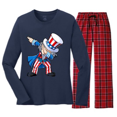 Dabbing Uncle Sam 4th Of July Funny Dab Dance Women's Long Sleeve Flannel Pajama Set 