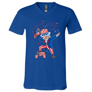 Dabbing Uncle Sam With Controller Usa Flag Indepedence Day Gift V-Neck T-Shirt