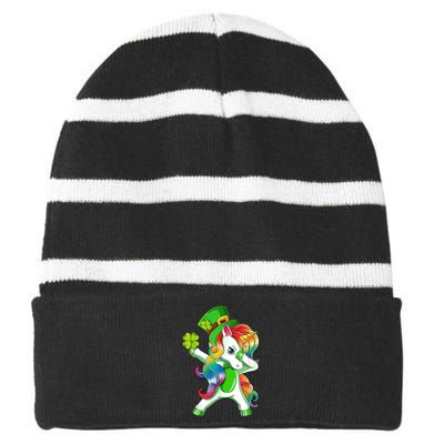 Dabbing Unicorn St Patricks Day Irish Shamrock Lepricorn Striped Beanie with Solid Band