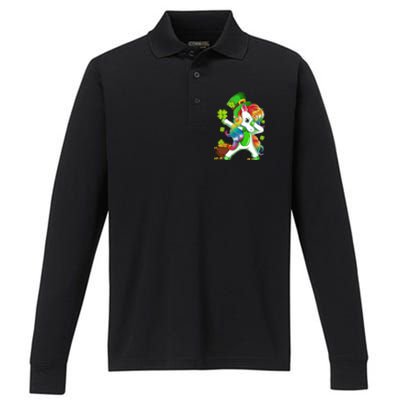 Dabbing Unicorn St Patricks Day Irish Shamrock Performance Long Sleeve Polo