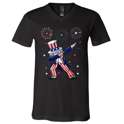 Dabbing Uncle Sam Fireworks 4th of July Funny V-Neck T-Shirt