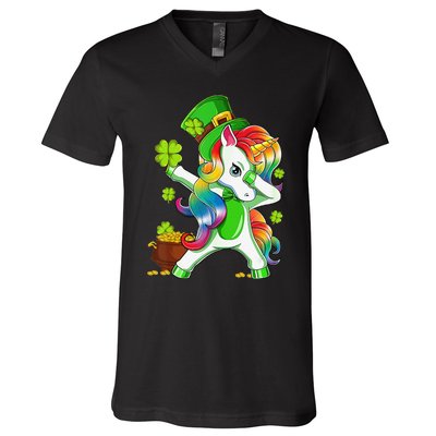 Dabbing Unicorn St Patricks Day Irish Shamrock V-Neck T-Shirt