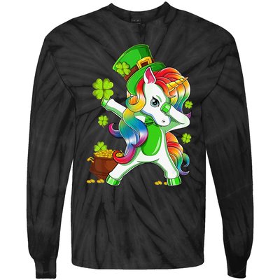 Dabbing Unicorn St Patricks Day Irish Shamrock Tie-Dye Long Sleeve Shirt