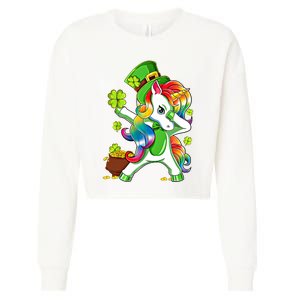 Dabbing Unicorn St Patricks Day Irish Shamrock Gift Cropped Pullover Crew