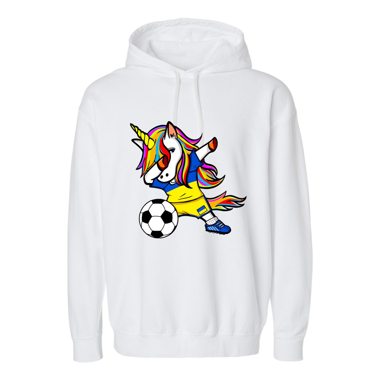 Dabbing Unicorn Ukraine Football Ukrainian Flag Soccer Garment-Dyed Fleece Hoodie
