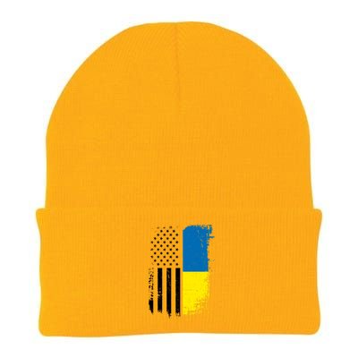 Distressed USA Ukraine Flag Stand With Ukraine Knit Cap Winter Beanie