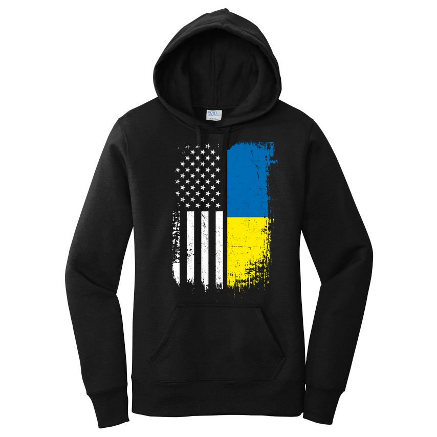 Distressed USA Ukraine Flag Stand With Ukraine Women's Pullover Hoodie