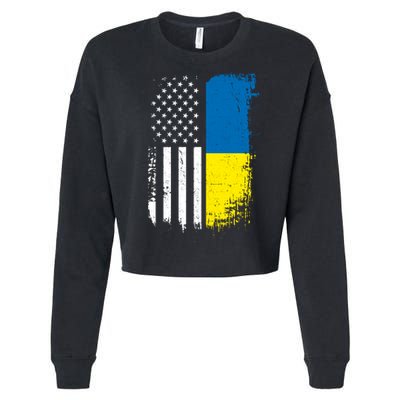 Distressed USA Ukraine Flag Stand With Ukraine Cropped Pullover Crew