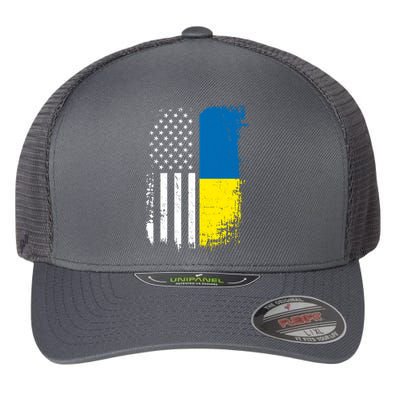 Distressed USA Ukraine Flag Stand With Ukraine Flexfit Unipanel Trucker Cap