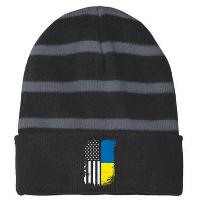 Distressed USA Ukraine Flag Stand With Ukraine Striped Beanie with Solid Band