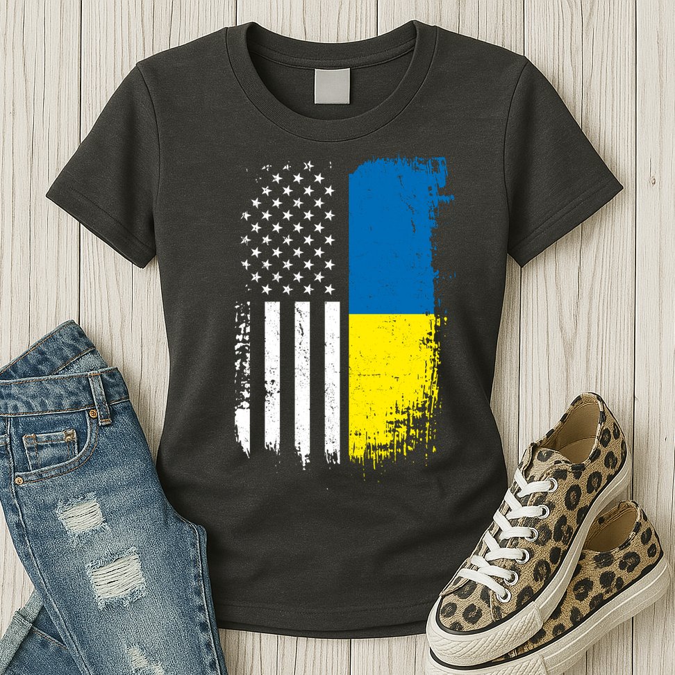Distressed USA Ukraine Flag Stand With Ukraine Womens T-Shirt