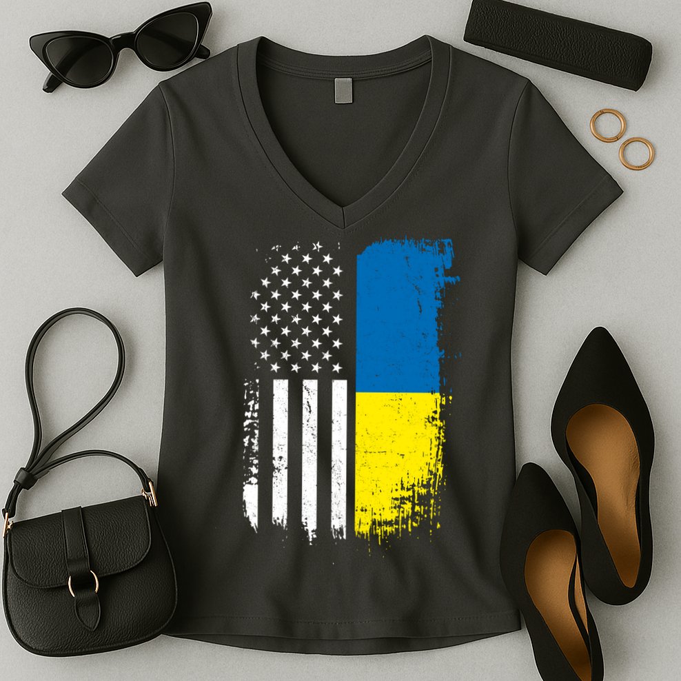 Distressed USA Ukraine Flag Stand With Ukraine Women's V-Neck T-Shirt