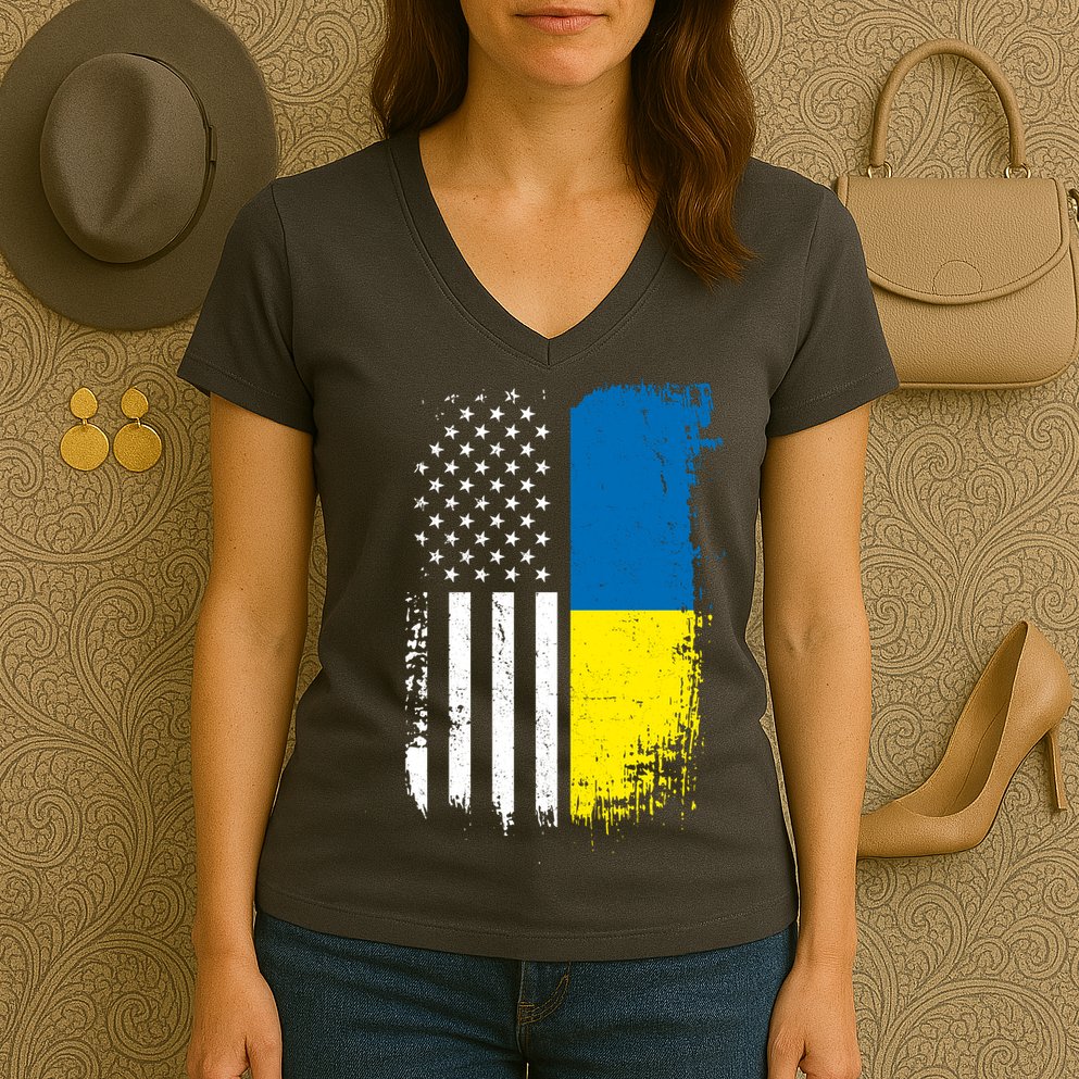 Distressed USA Ukraine Flag Stand With Ukraine Women's V-Neck T-Shirt